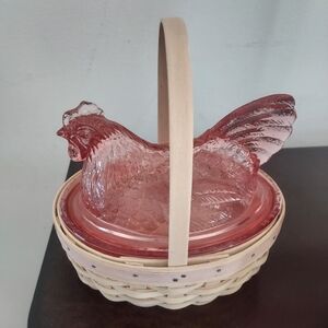 Longaberger 2002 Pink Glass Hen Candy Top And Bottom Plus Signed Basket